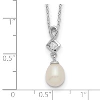 Sterling Silver Rhodium-plated 6-7mm White Teardrop Freshwater Cultured Pearl and CZ Necklace, 17" view 3
