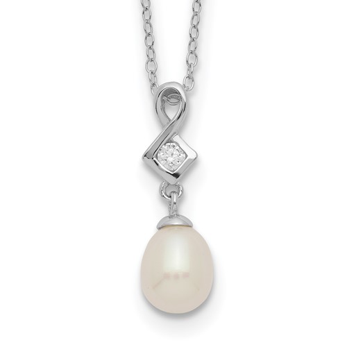Sterling Silver Rhodium-plated 6-7mm White Teardrop Freshwater Cultured Pearl and CZ Necklace, 17"