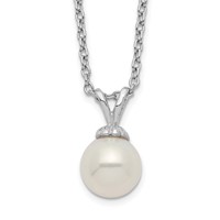 Sterling Silver Rhodium-plated 7-7.5mm White Round Freshwater Cultured Pearl Necklace, 17" view 1