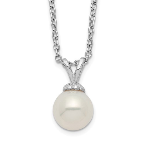 Sterling Silver Rhodium-plated 7-7.5mm White Round Freshwater Cultured Pearl Necklace, 17"
