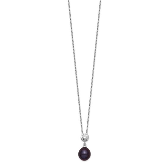 Sterling Silver Rhodium-plated 8-9mm Black Rice Freshwater Cultured Pearl and CZ 17 inch Necklace