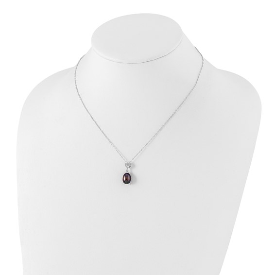 Sterling Silver Rhodium-plated 8-9mm Black Rice Freshwater Cultured Pearl and CZ 17 inch Necklace