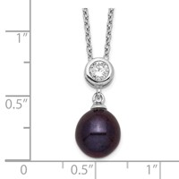 Sterling Silver Rhodium-plated 8-9mm Black Rice Freshwater Cultured Pearl and CZ Necklace, 17" view 3