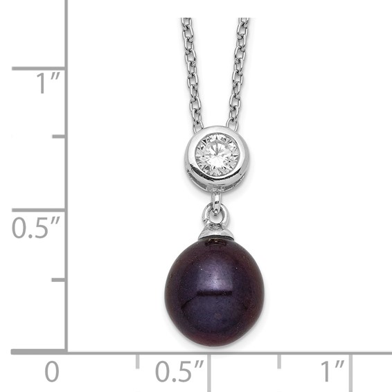 Sterling Silver Rhodium-plated 8-9mm Black Rice Freshwater Cultured Pearl and CZ 17 inch Necklace
