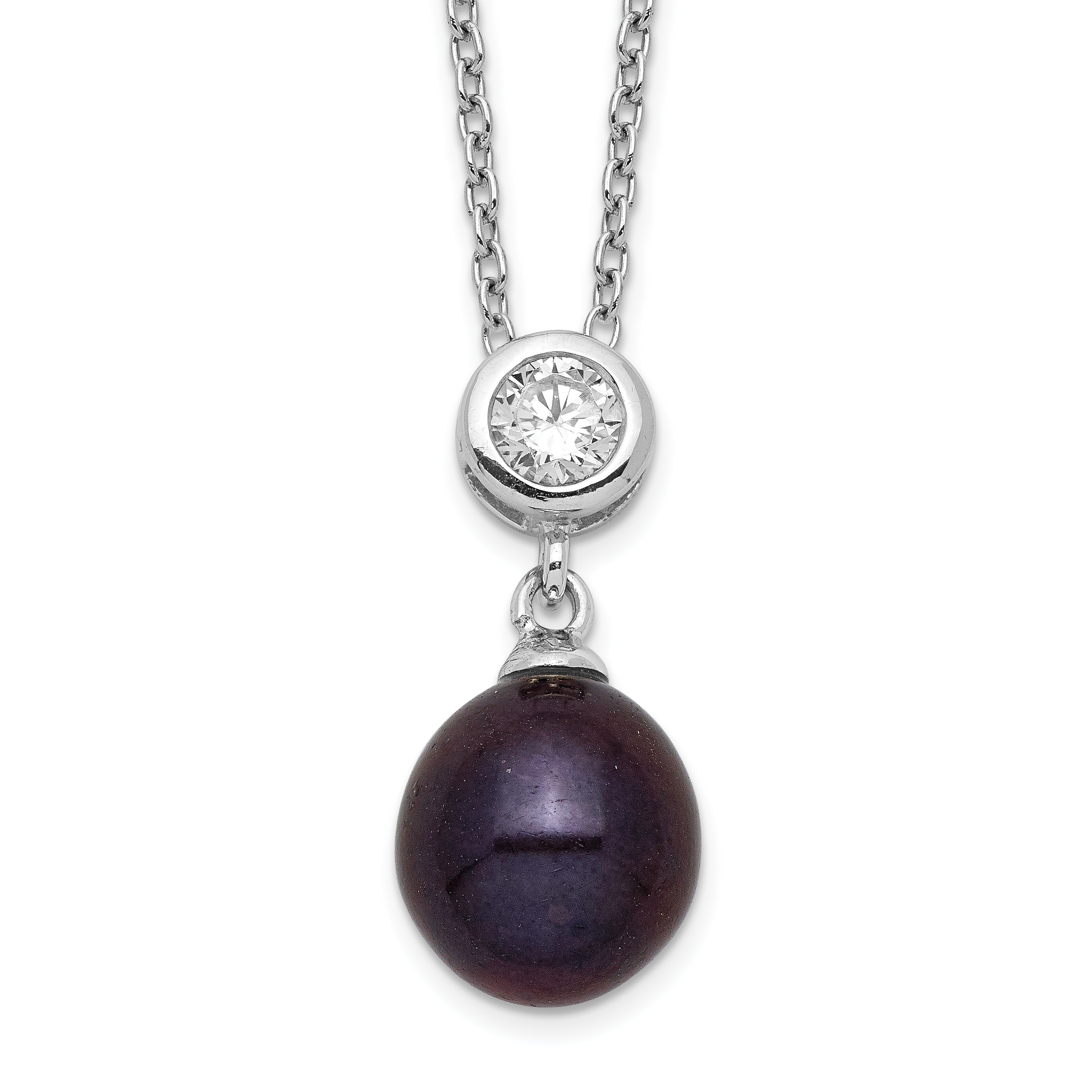 Sterling Silver Rhodium-plated 8-9mm Black Rice Freshwater Cultured Pearl and CZ 17 inch Necklace (QH5500-17)