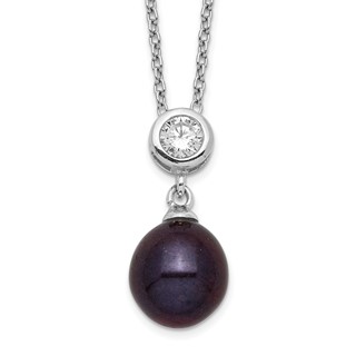 Sterling Silver Rhodium-plated 8-9mm Black Rice Freshwater Cultured Pearl and CZ 17 inch Necklace
