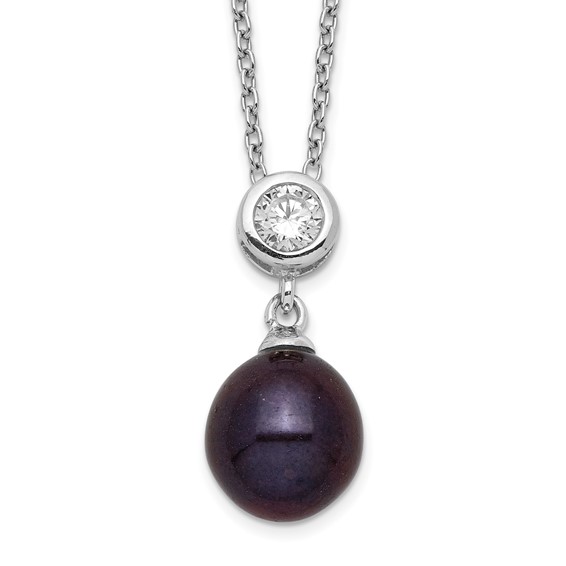 Sterling Silver Rhodium-plated 8-9mm Black Rice Freshwater Cultured Pearl and CZ 17 inch Necklace