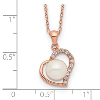 Sterling Silver 18K Flash Rose Gold-plated 7-8mm Button Freshwater Cultured Pearl Heart Necklace, 17" view 3