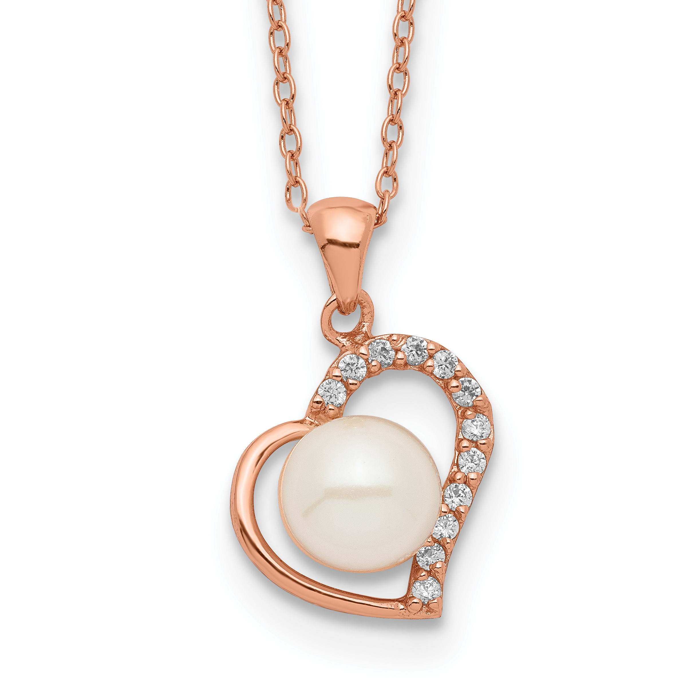 Sterling Silver Rose-tone 18k Flash Gold-plated 7-8mm Button Freshwater Cultured Pearl Heart 17 inch Necklace (QH5503-17)