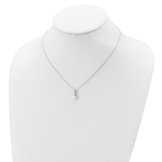 Sterling Silver Rhodium-plated 6-7mm White Button Freshwater Cultured Pearl and CZ 17 inch Necklace