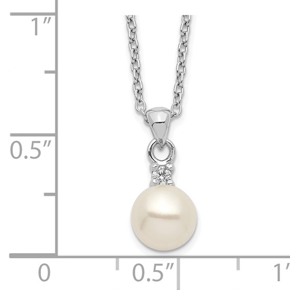 Sterling Silver Rhodium-plated 6-7mm White Button Freshwater Cultured Pearl and CZ 17 inch Necklace