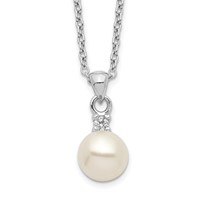 Sterling Silver Rhodium-plated 6-7mm White Button Freshwater Cultured Pearl and CZ Necklace, 17" view 1
