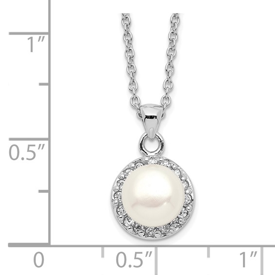 Sterling Silver Rhodium-plated 7-8mm White Button Freshwater Cultured Pearl and CZ 17 inch Necklace