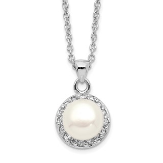 Sterling Silver Rhodium-plated 7-8mm White Button Freshwater Cultured Pearl and CZ 17 inch Necklace