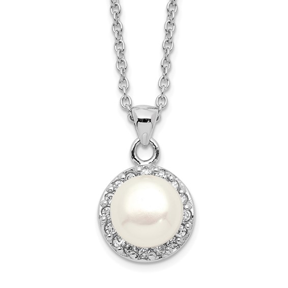 Sterling Silver Rhodium-plated 7-8mm White Button Freshwater Cultured Pearl and CZ 17 inch Necklace
