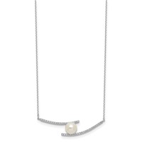 Sterling Silver Rhodium-plated 7-8mm White Button Freshwater Cultured Pearl and CZ Necklace, 17" view 2