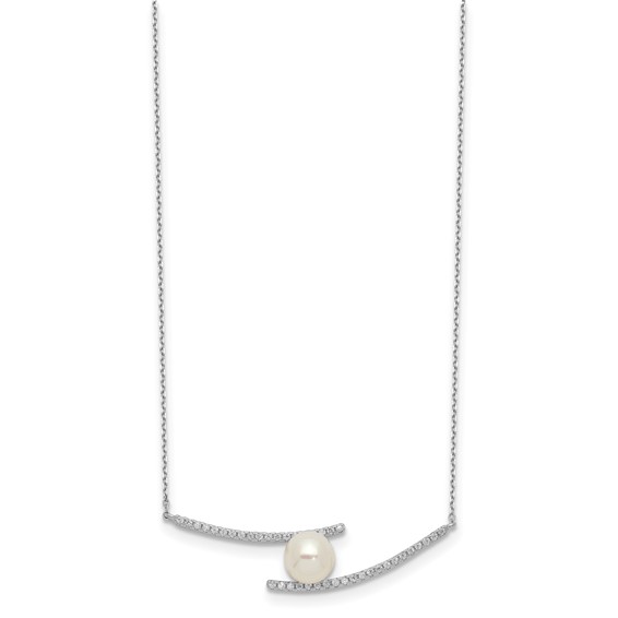 Sterling Silver Rhodium-plated 7-8mm White Button Freshwater Cultured Pearl and CZ 17 inch Necklace