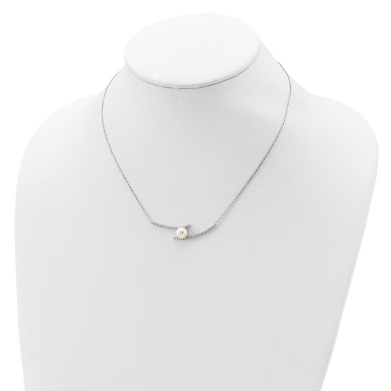 Sterling Silver Rhodium-plated 7-8mm White Button Freshwater Cultured Pearl and CZ 17 inch Necklace
