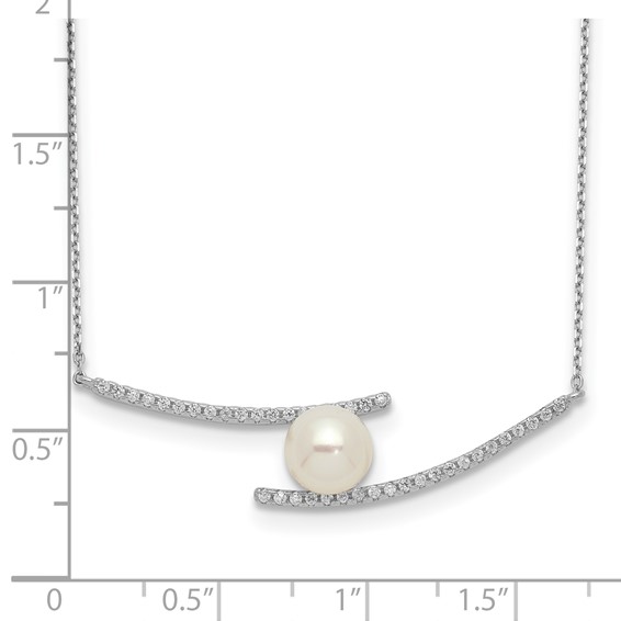 Sterling Silver Rhodium-plated 7-8mm White Button Freshwater Cultured Pearl and CZ 17 inch Necklace