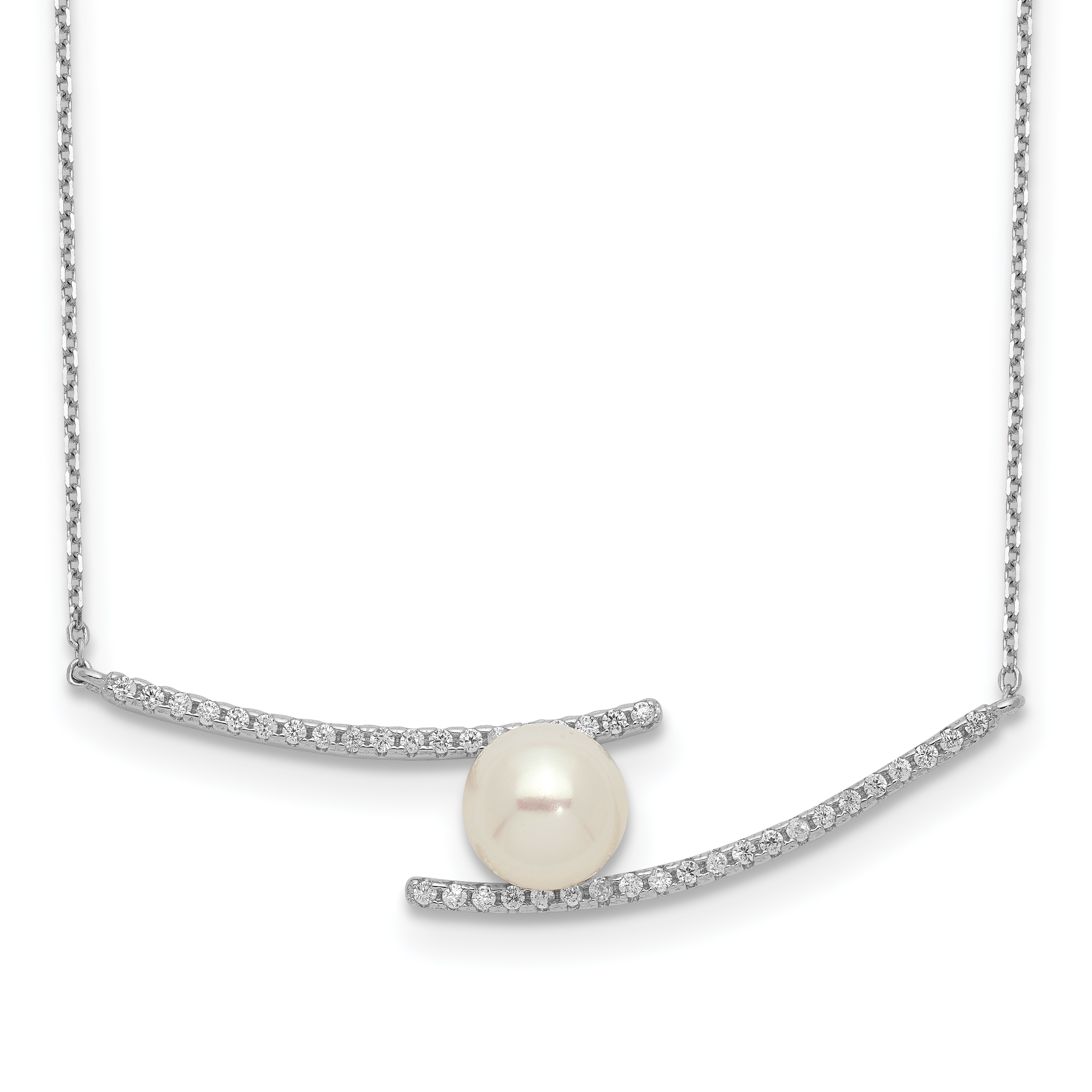 Sterling Silver Rhodium-plated 7-8mm White Button Freshwater Cultured Pearl and CZ 17 inch Necklace (QH5506-17)