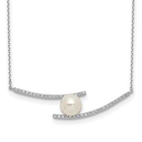 Sterling Silver Rhodium-plated 7-8mm White Button Freshwater Cultured Pearl and CZ Necklace, 17" view 1
