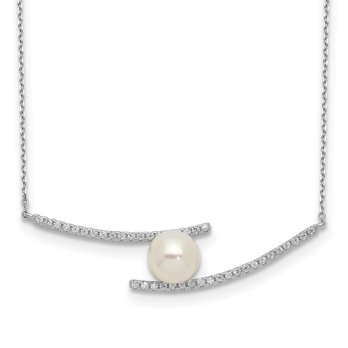 Sterling Silver Rhodium-plated 7-8mm White Button Freshwater Cultured Pearl and CZ Necklace, 17"