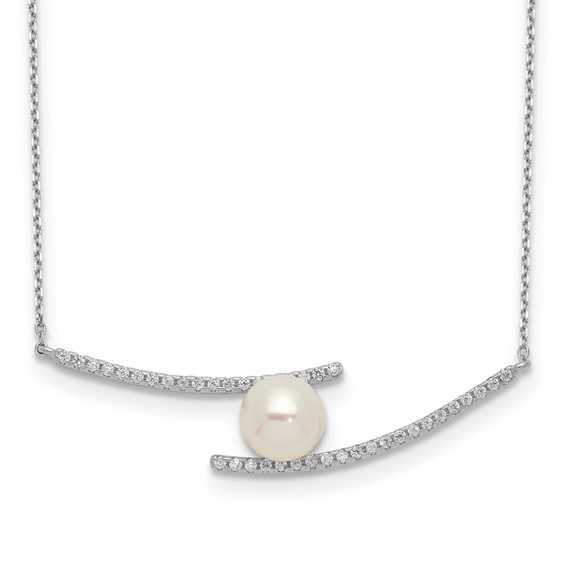 Sterling Silver Rhodium-plated 7-8mm White Button Freshwater Cultured Pearl and CZ 17 inch Necklace