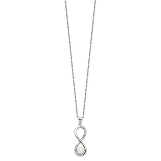 Sterling Silver Rhodium-plated 5-6mm White Round Freshwater Cultured Pearl and CZ Infinity 17 inch Necklace