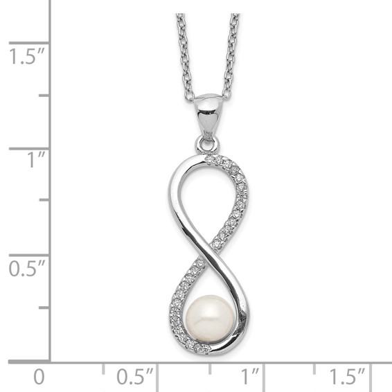 Sterling Silver Rhodium-plated 5-6mm White Round Freshwater Cultured Pearl and CZ Infinity 17 inch Necklace