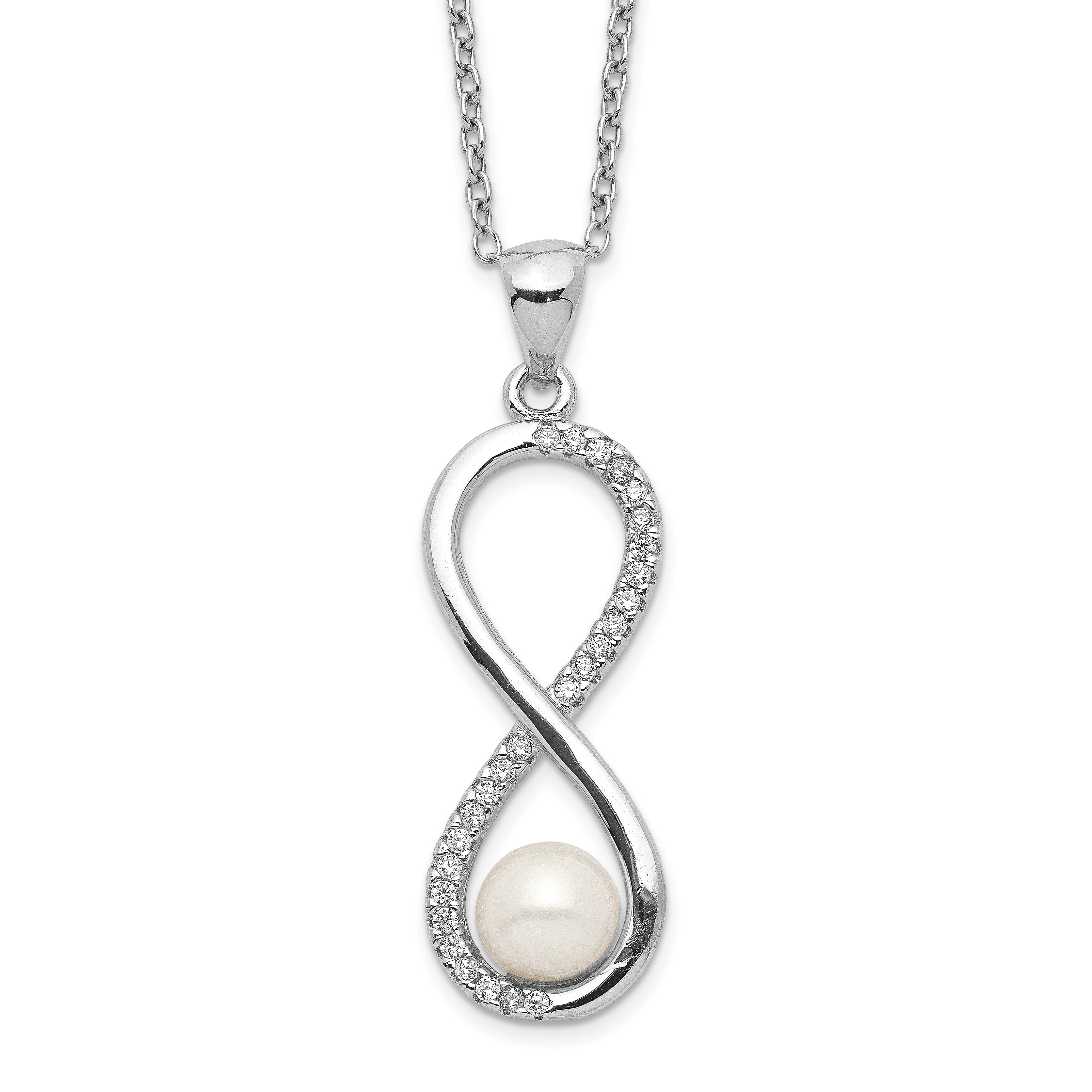 Sterling Silver Rhodium-plated 5-6mm White Round Freshwater Cultured Pearl and CZ Infinity 17 inch Necklace (QH5511-17)