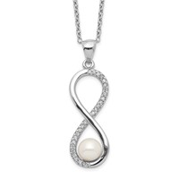 Sterling Silver Rhodium-plated 5-6mm White Round Freshwater Cultured Pearl and CZ Infinity Necklace, 17" view 1