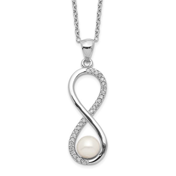 Sterling Silver Rhodium-plated 5-6mm White Round Freshwater Cultured Pearl and CZ Infinity 17 inch Necklace