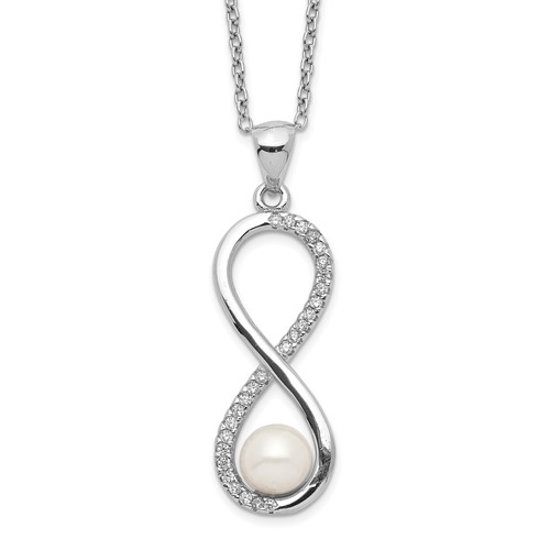 Sterling Silver Rhodium-plated 5-6mm White Round Freshwater Cultured Pearl and CZ Infinity Necklace, 17"