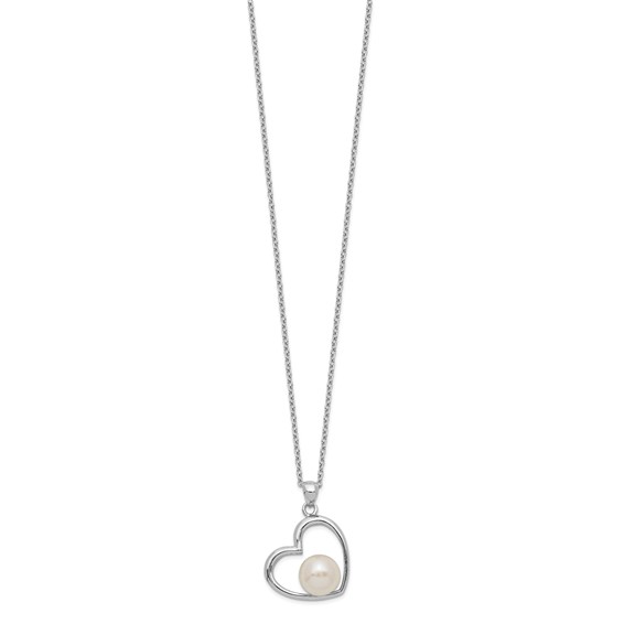 Sterling Silver Rhodium-plated 7-8mm White Button Freshwater Cultured Pearl Heart 17 inch Necklace
