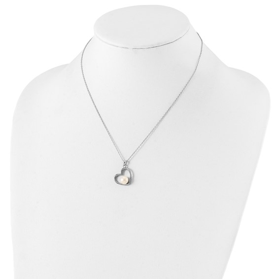 Sterling Silver Rhodium-plated 7-8mm White Button Freshwater Cultured Pearl Heart 17 inch Necklace