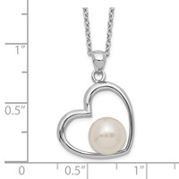 Sterling Silver Rhodium-plated 7-8mm White Button Freshwater Cultured Pearl Heart Necklace, 17" view 3