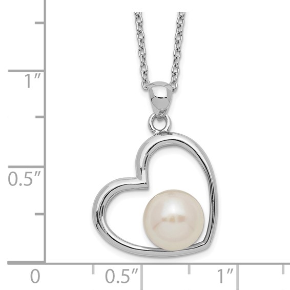 Sterling Silver Rhodium-plated 7-8mm White Button Freshwater Cultured Pearl Heart 17 inch Necklace