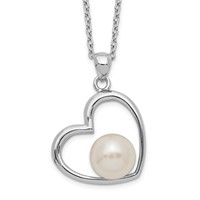 Sterling Silver Rhodium-plated 7-8mm White Button Freshwater Cultured Pearl Heart Necklace, 17" view 1