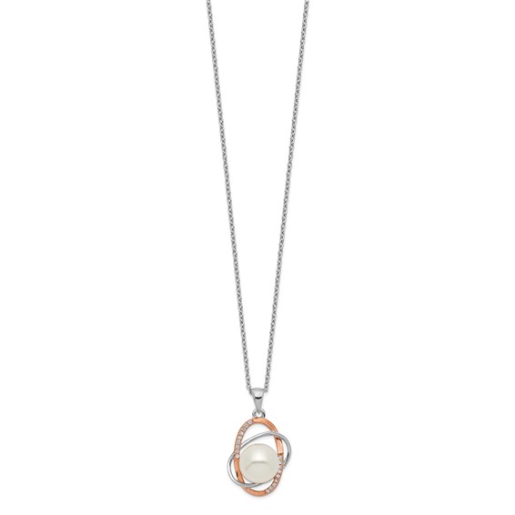 Sterling Silver Rhodium-plated Rose-tone 18k Flash Gold-plated 9-10mm White Button Freshwater Cultured Pearl and CZ 17 inch Necklace