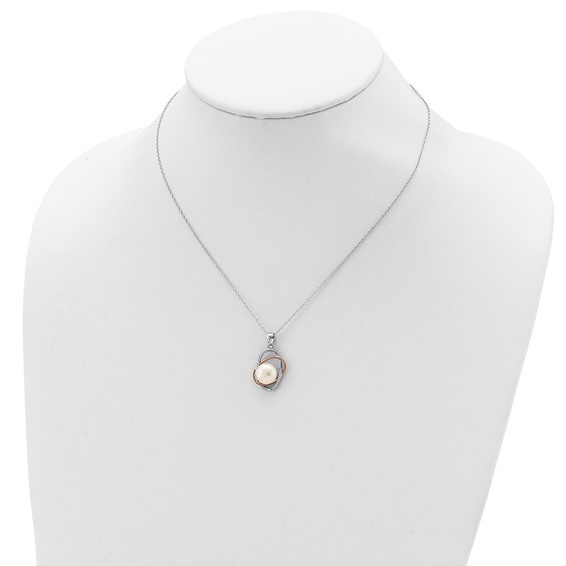 Sterling Silver Rhodium-plated Rose-tone 18k Flash Gold-plated 9-10mm White Button Freshwater Cultured Pearl and CZ 17 inch Necklace