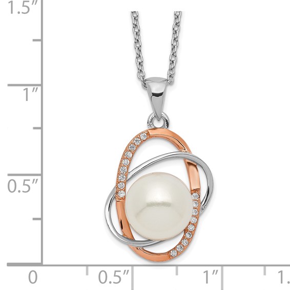 Sterling Silver Rhodium-plated Rose-tone 18k Flash Gold-plated 9-10mm White Button Freshwater Cultured Pearl and CZ 17 inch Necklace