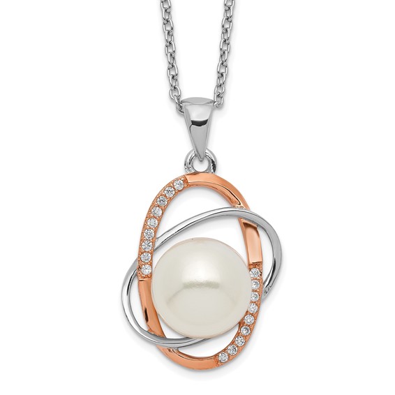 Sterling Silver Rhodium-plated Rose-tone 18k Flash Gold-plated 9-10mm White Button Freshwater Cultured Pearl and CZ 17 inch Necklace