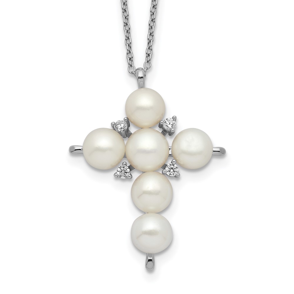 Sterling Silver Rhod-plated 6-7mm White Button FWC Pearl CZ Cross Necklace