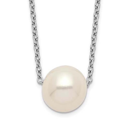 Sterling Silver Rhodium-plated 9-10mm White Near-Round Freshwater Cultured Pearl Necklace, 18"