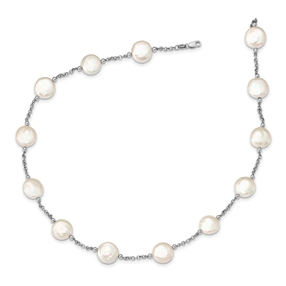 Sterling Silver Rhodium-plated 12-13mm White Coin Freshwater Cultured Pearl 13-station 18 inch Necklace