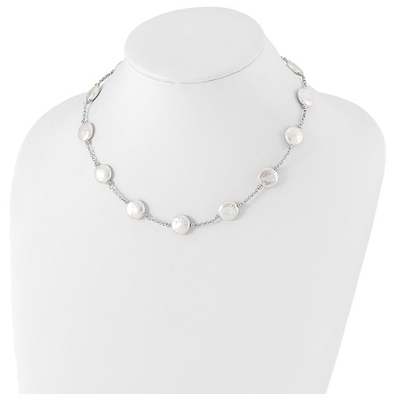 Sterling Silver Rhodium-plated 12-13mm White Coin Freshwater Cultured Pearl 13-station 18 inch Necklace