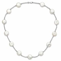 Sterling Silver Rhodium-plated 12-13mm White Coin Freshwater Cultured Pearl 13-station Necklace, 18" view 4