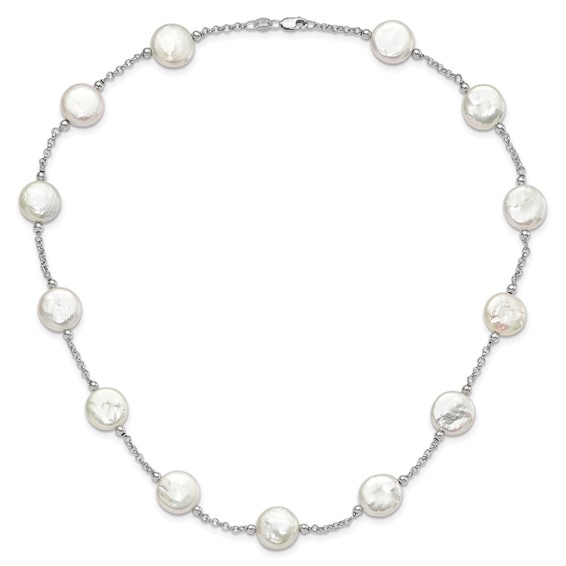 Sterling Silver Rhodium-plated 12-13mm White Coin Freshwater Cultured Pearl 13-station 18 inch Necklace