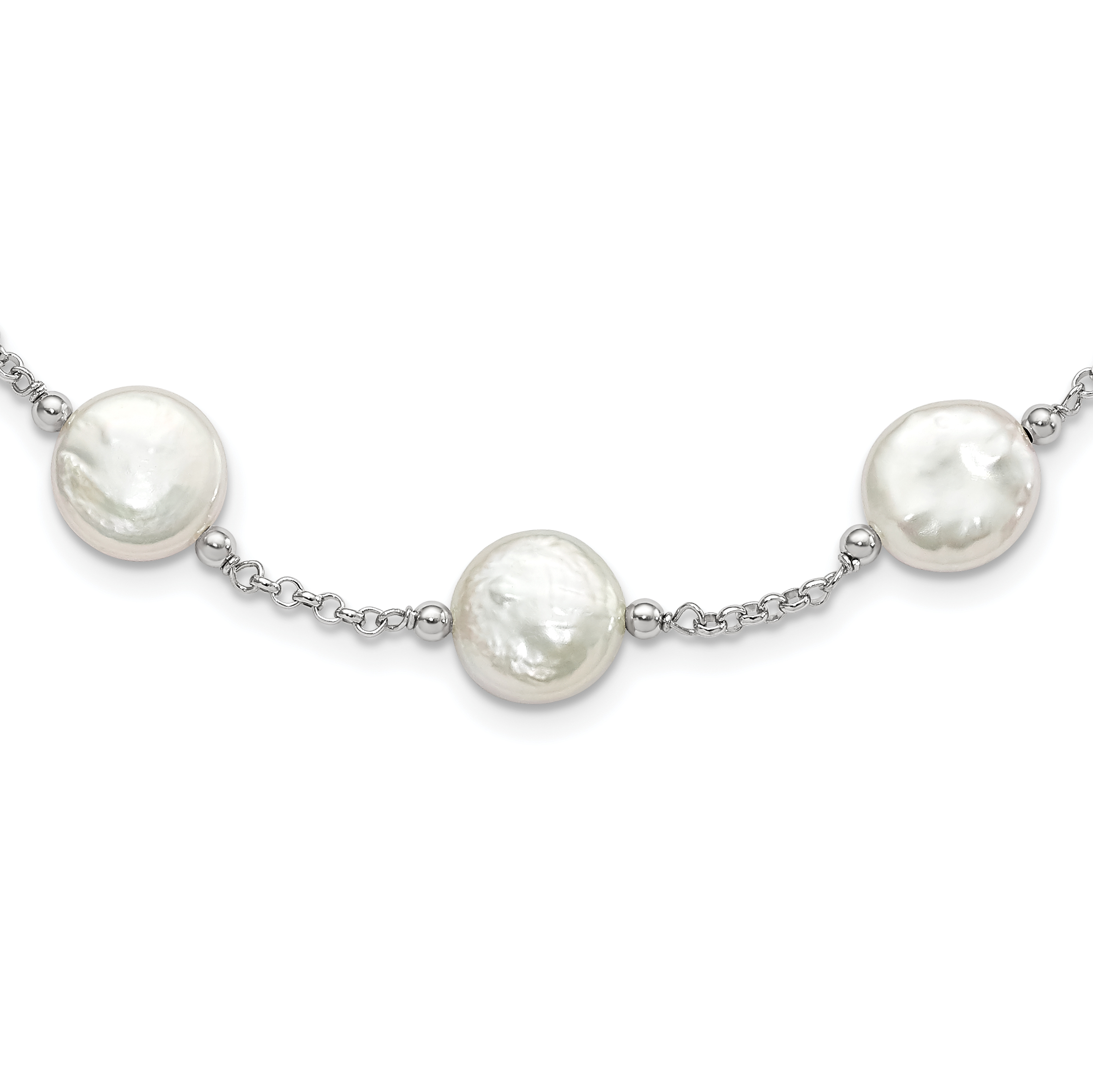 Sterling Silver Rhodium-plated 12-13mm White Coin Freshwater Cultured Pearl 13-station 18 inch Necklace (QH5534-18)