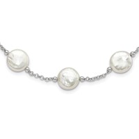 Sterling Silver Rhodium-plated 12-13mm White Coin Freshwater Cultured Pearl 13-station Necklace, 18" view 1